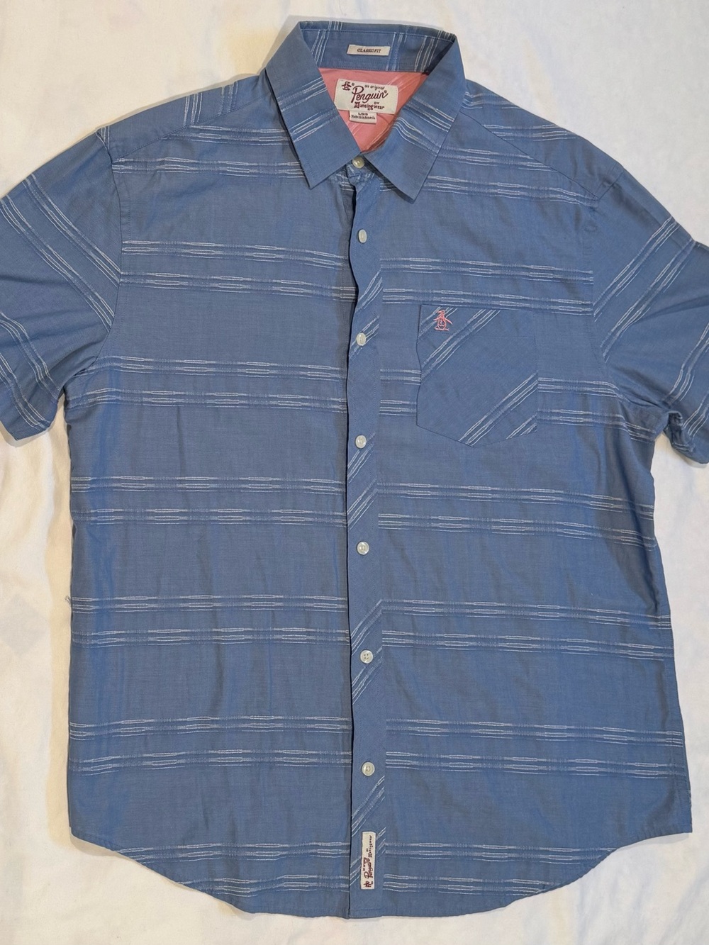 Original Penguin Blue Striped Short Sleeve Button Down Shirt Men's Large